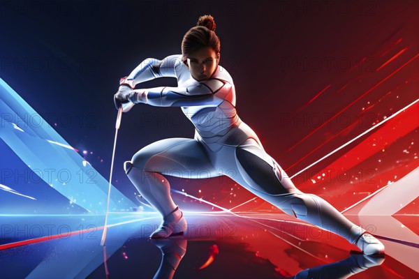Abstract digital render a fencer morphing into fluid shapes, AI generated, Paris, Paris, Olympic