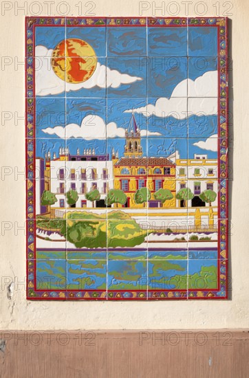 Ceramic tile picture of Calle Betis, Triana district Guadalquivir river, Seville, Spain, Europe