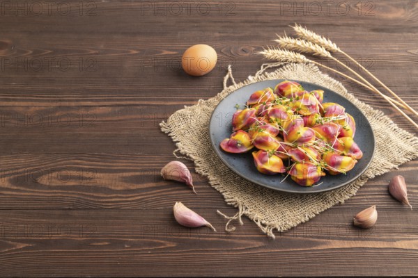 Rainbow colored dumplings with pepper, herbs, microgreen on brown wooden background and linen