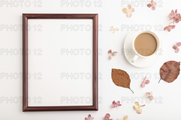 Composition with wooden frame, brown beech autumn leaves, hydrangea flowers and cup of coffee.