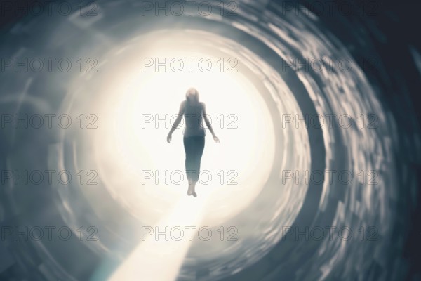 A woman floats through a tunnel into the light, symbolic image for near-death experience, death,