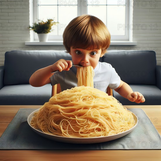 A boy sits in front of a plate with a mountain of spaghetti and shovels it into his mouth, symbolic