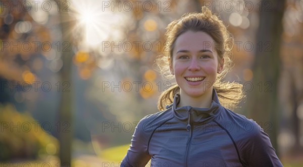 A woman runner running and jogging in a park. Active lifestyle, training for endurance, AI