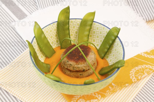 Vegetarian cuisine, walnut cakes on sugar snap peas with pumpkin sauce, sauce, vegetables, snow
