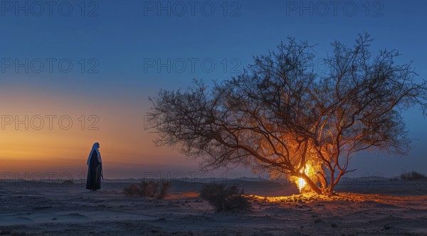 Moses looking at the burning bush. Bible stories and miracles, god manifestation, AI generated