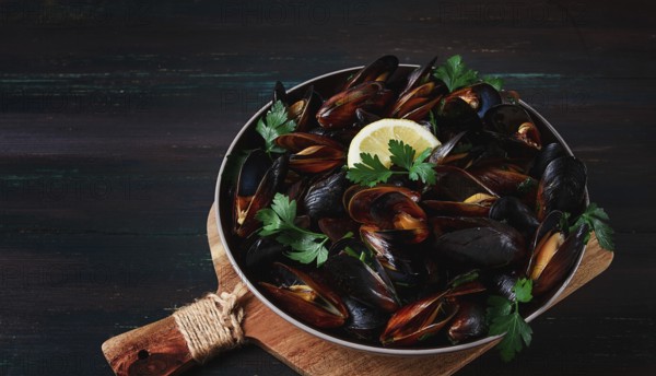 Fresh, Boiled mussels, Black Sea, with parsley and lemon, no people, top view