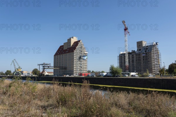 Old silo building, warehouse, construction crane in front, Magdeburg Port of Science,