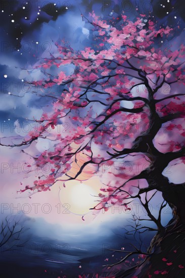 Sakura tree blossoming with pink petals and branches reaching towards a star studded night sky, AI