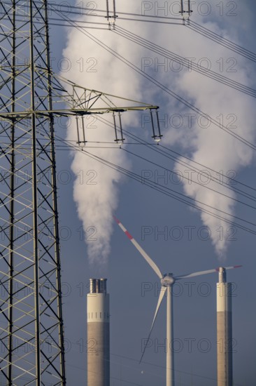 High-voltage power line, high-voltage pylon, chimney of the RZR Herten waste-to-energy plant, waste