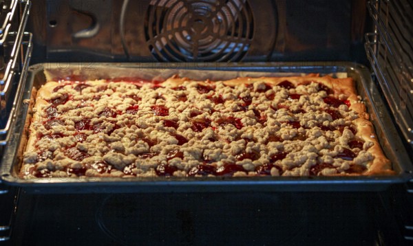 A plum tart with red plums and crumb topping is baking in the oven, ready for perfection