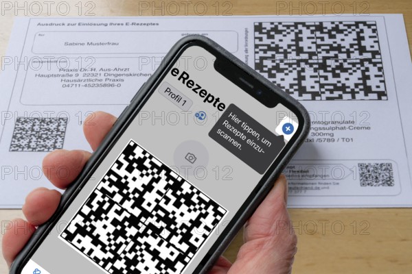 Symbolic image of an e-prescription, prescription issued by a doctor, with QR code, is scanned