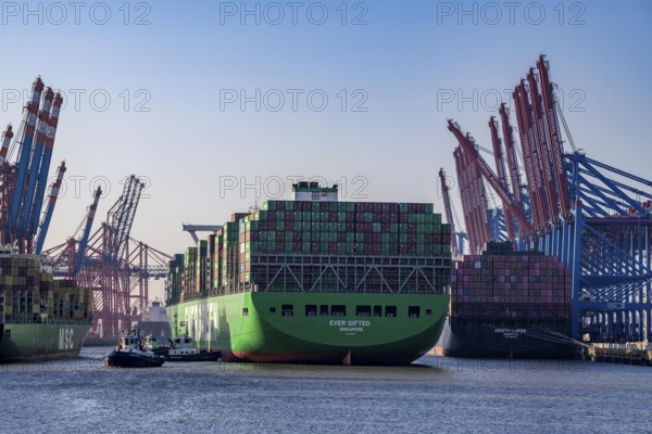 Container ship Ever Gifted, arriving at the port of Hamburg, Waltershofer Hafen, HHLA Container