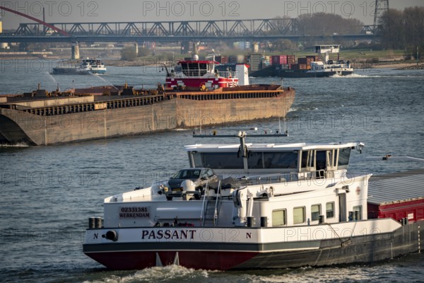 Cargo ships on the Rhine near Duisburg, pushed convoys, HGK, behind the bridge of solidarity,