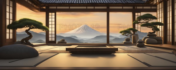 Zen garden bathed in the soft glow of dawn as a serene symbol for relaxation, AI generated