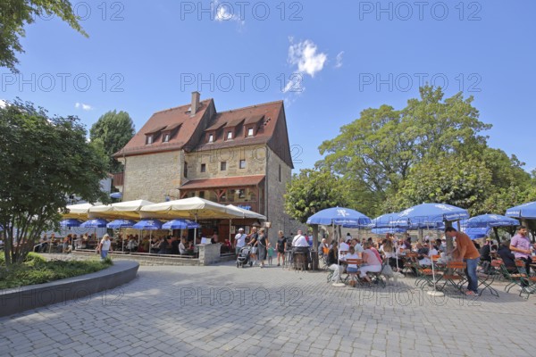 Restaurant Augustiner an der Krämerbrücke, street pub, people, inner courtyard, Erfurt, Thuringia,