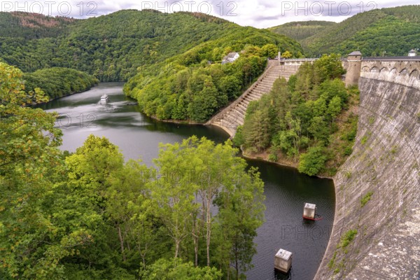 Dam wall of the Urft dam, merges into the Rursee, Eifel National Park, North Rhine-Westphalia,