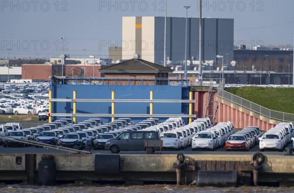 VW plant, Emden, new cars, waiting to be shipped, Lower Saxony, Germany, Europe