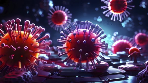 3d illustration showcasing a cluster of intertwining viruses detailed to expose spikes and