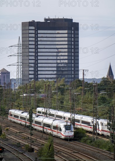 Railway tracks in front of Essen main station, ICE 2 train and ICE 4, in front, on the tracks,
