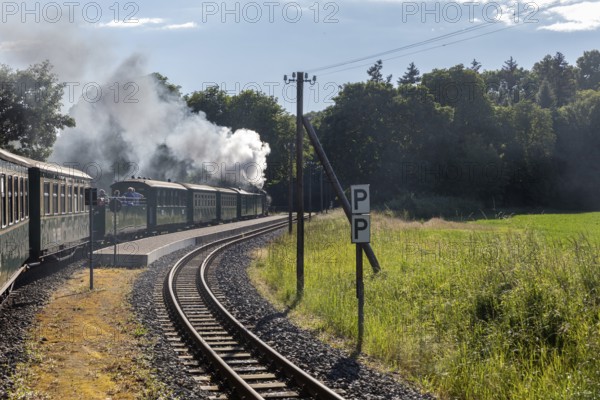 Steam locomotive travelling along a track next to green meadows and trees while smoke rises, Rügen,