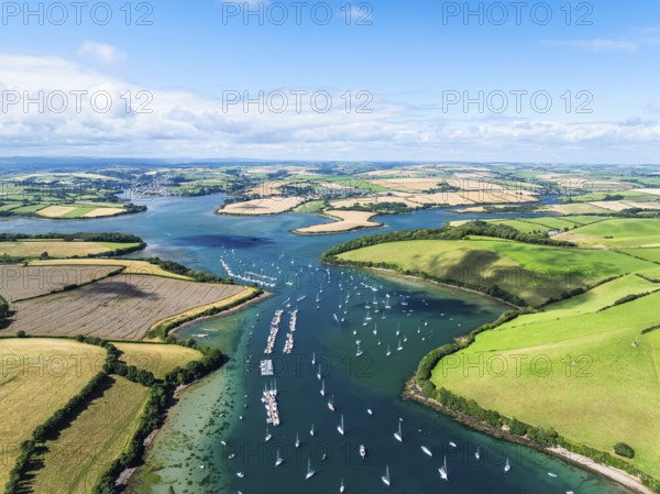 Salcombe and Mill Bay over Kingsbridge Estuary from a drone, Batson Creek, Southpool Creek, Devon,