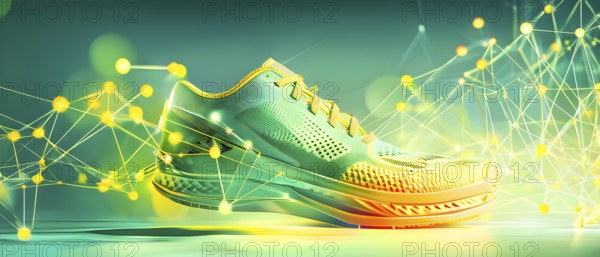 Sporting equipment, like a running shoe, breaking into pixels and data points, morphing into a