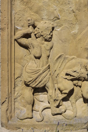 Stone relief, man with club, fighting, Lichtenstein Castle, fairytale castle of Württemberg,