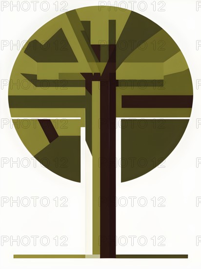 Abstract geometric tree with a circular canopy and a rectangular trunk, arranged in a clean,