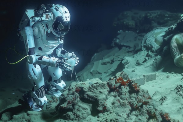 Robot collecting samples in abyssal plains, AI generated