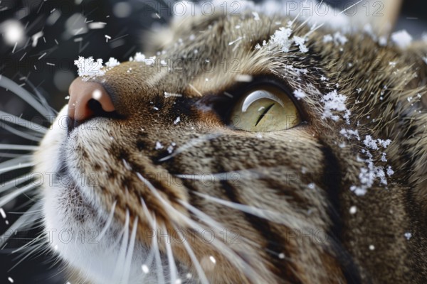 Close up of cat's face covered in snowflakes. Generative Ai, AI generated