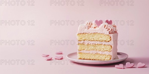 Slice of layered cake with hearts on pink background with copy space. Generative Ai, AI generated