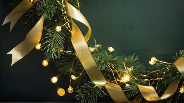 Christmas garland with golden ribbons intertwined with pine needles and tiny twinkling lights,