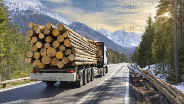 Forestry, timber industry, lorry, long timber transporter loaded with logs, on the road, AI