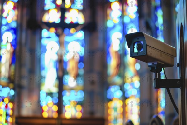 A surveillance camera, CCTV, in a church, protection against vandalism, AI generated, AI generated,