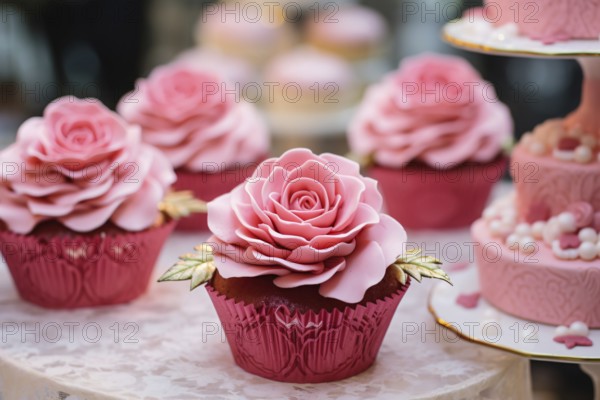 Wedding cupcakes with pink sugar rose topping. KI generiert, generiert AI generated