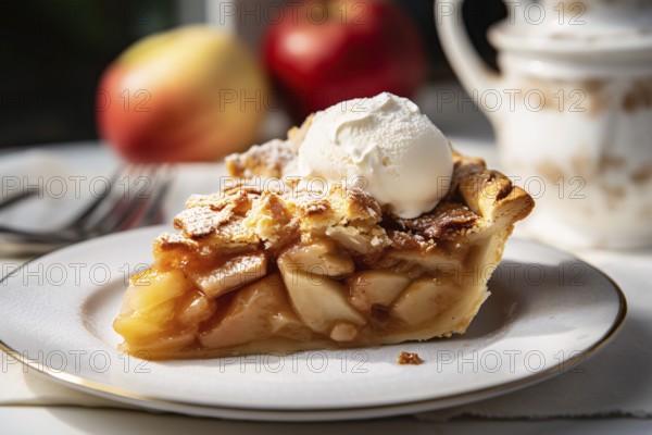Slice of apple pie with ice cream on plate. KI generiert, generiert AI generated