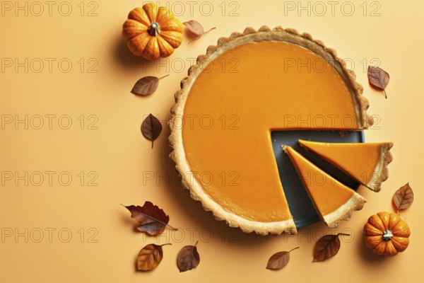 Top viee of pumpkin pie on orange background with autumn leaves. KI generiert, generiert AI
