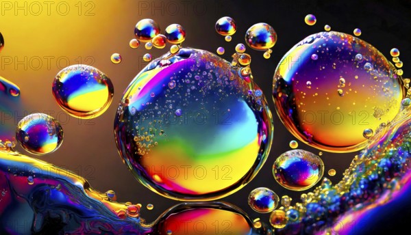 Colourful iridescent plastic bubbles and drops filled with oily liquids, 3D, digital art, AI