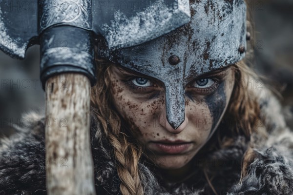 Female viking woman with ax and helmet. Fenerative Ai, AI generated