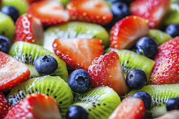 Close up of healthy fruits salad mix with strawberry, blueberry and kiwi. Generative AI, AI