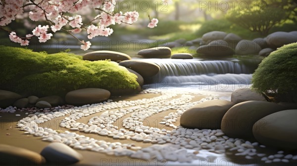 Zen garden bathed in the soft glow of dawn as a serene symbol for relaxation, AI generated