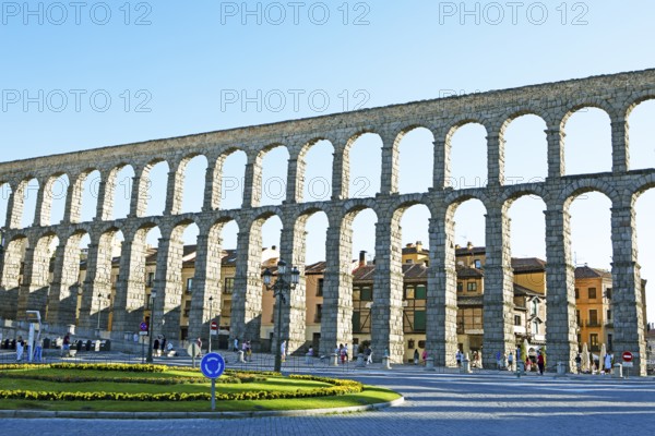 Roman aqueduct at the Plaza de Azoguejo, Segovia, province of Segovia, Castile and Leon, Spain,