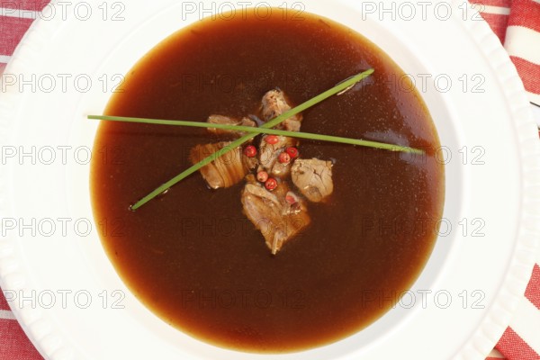 Southern German cuisine, oxtail soup with red pepper in a soup plate, bound soup, meat soup,