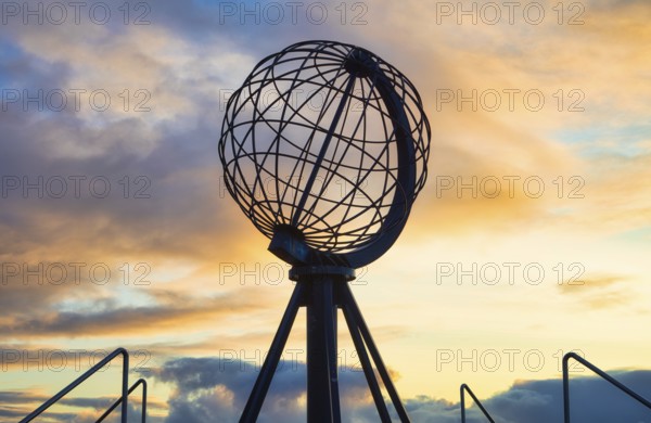 Steel globe at the North Cape in the evening light, Nordkapp, Finnmark, Norway, Europe