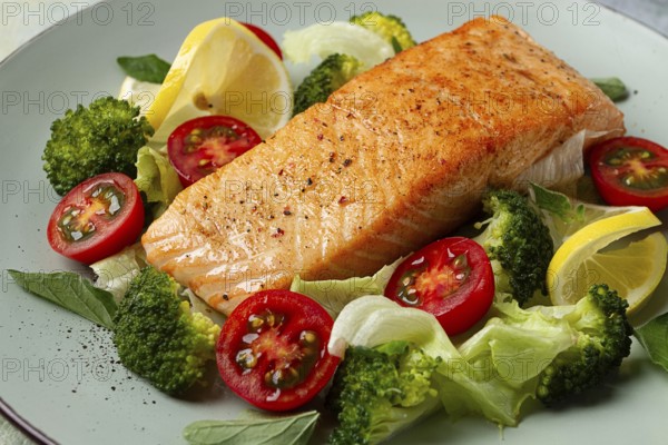 Grilled salmon fillet, with vegetables, broccoli, cherry, iceberg lettuce, spices and herbs,