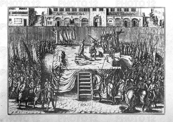Counts Egmont and Horn beheaded on scaffold before the Town Hall on the Grand-Place at Brussels in