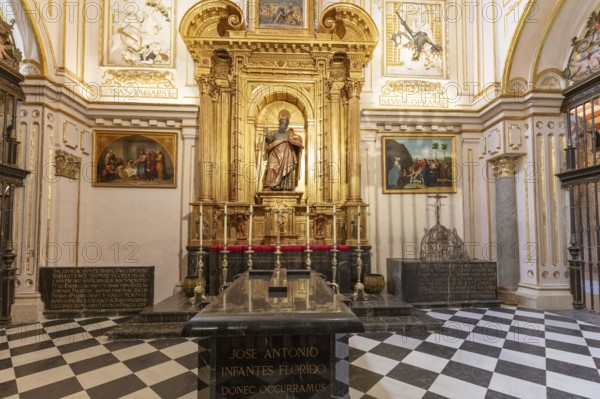 Magnificent shrine in a sacred room with marble floor and works of art, Cordoba