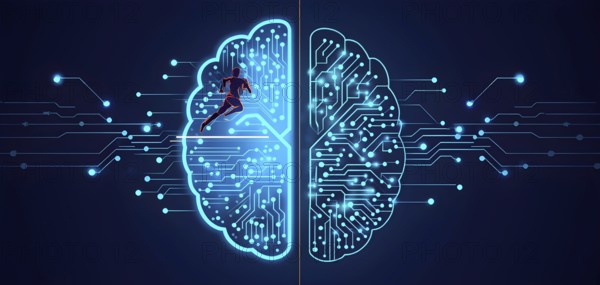 Abstract brain split into two halves, one side athletic motion, the other side neural network,