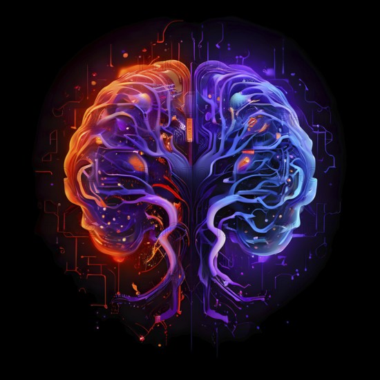 Abstract brain split into two halves, one side athletic motion, the other side neural network,