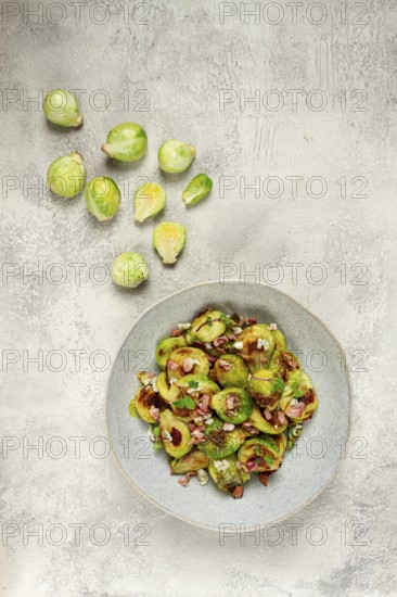 Roasted brussels sprouts, with bacon, vegetarian food, homemade, no people